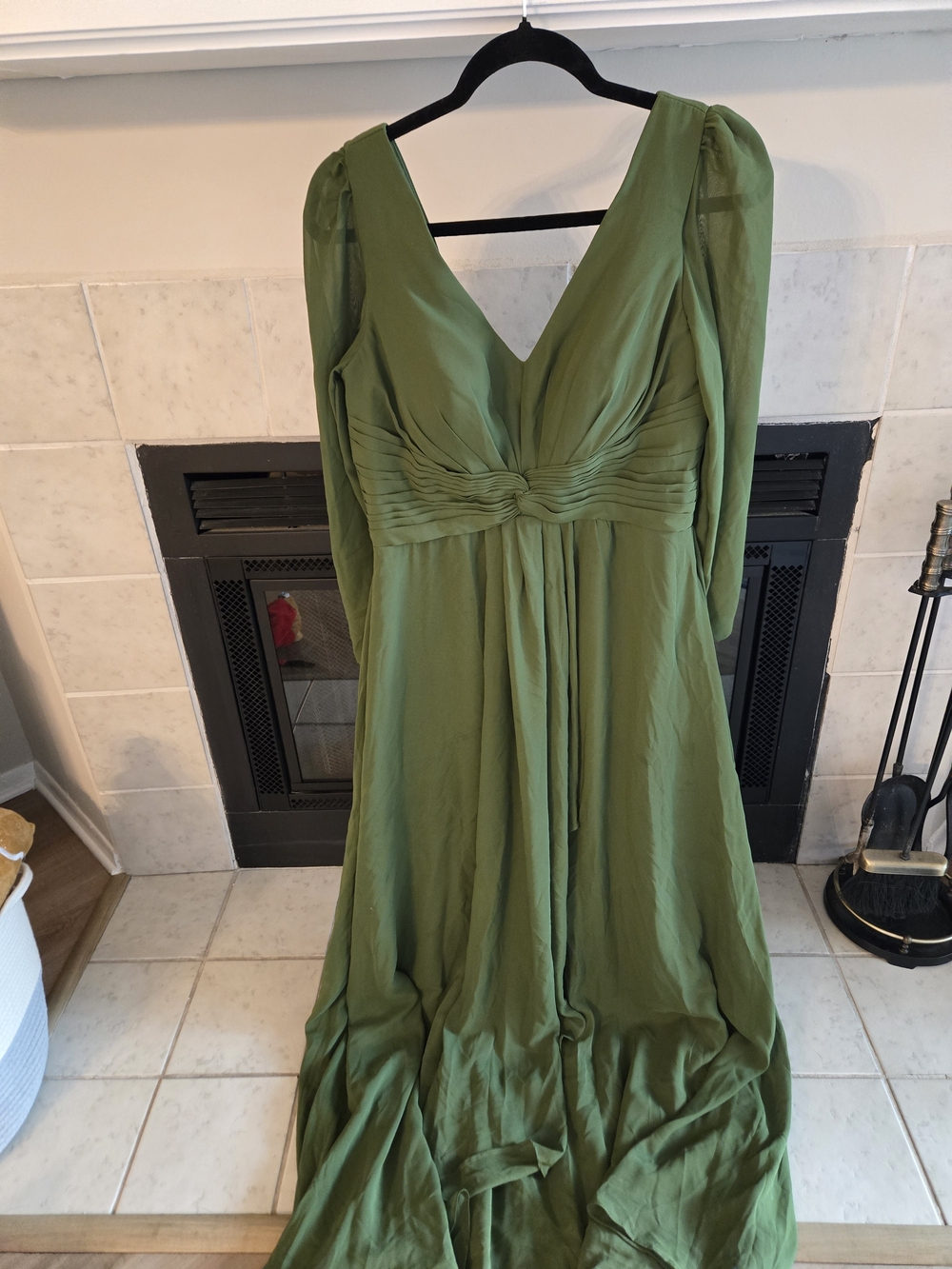 Formal Olive V-Neck Long Sleeve Maxi Dress